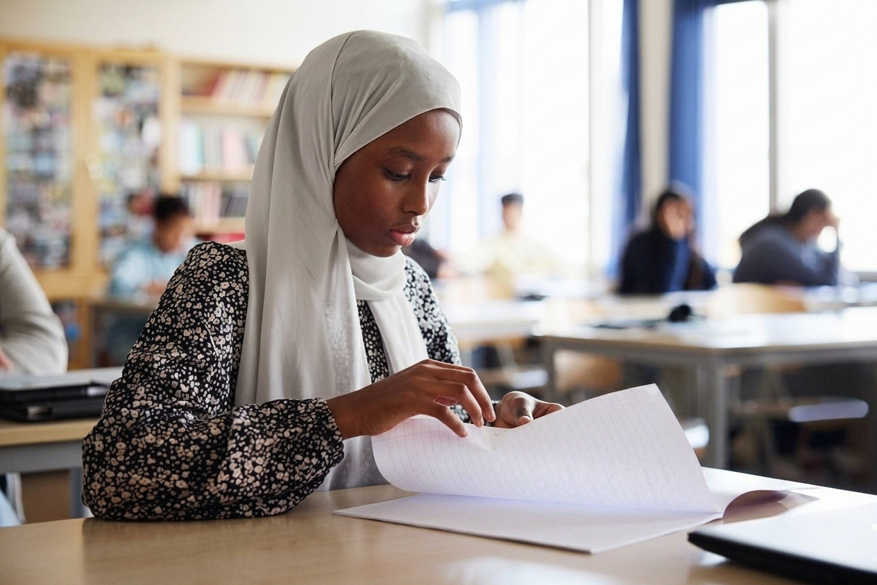 GCSE student focused on classwork in a bright classroom